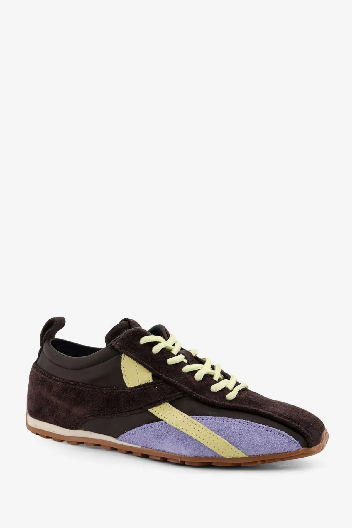 Alohas women’s leather and suede sneakers in brown with vibrant yellow and lavender panels light laces and tan sole