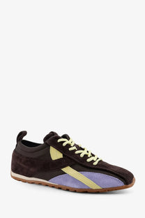 Alohas women’s leather and suede sneakers in brown with vibrant yellow and lavender panels light laces and tan sole
