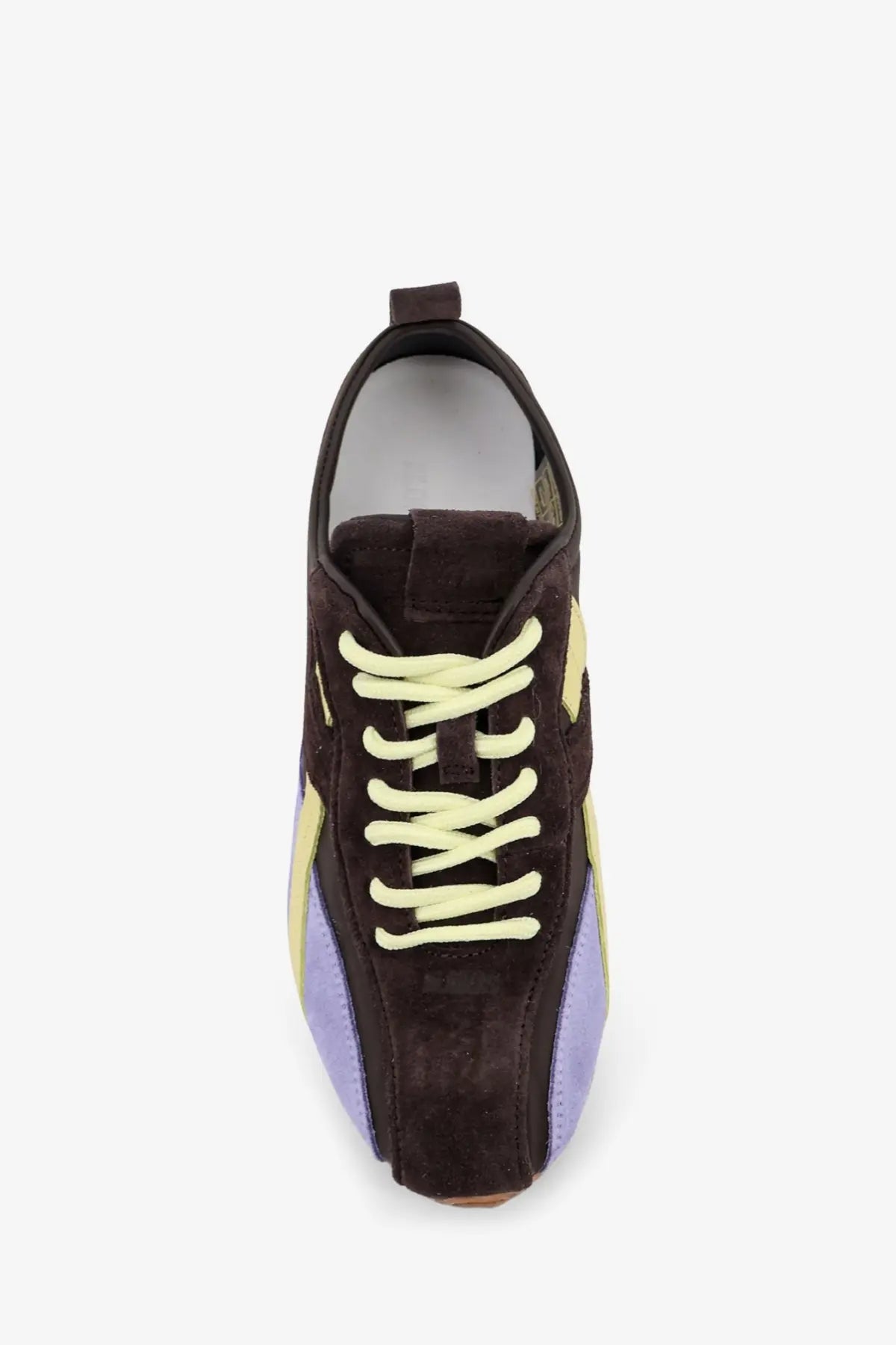 Alohas women’s leather and suede brown sneaker with vibrant yellow and lavender panels and light green laces