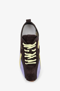 Alohas women’s leather and suede brown sneaker with vibrant yellow and lavender panels and light green laces