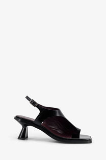 Alohas women’s Mahina black patent leather sandal with square toe low block heel and adjustable ankle strap