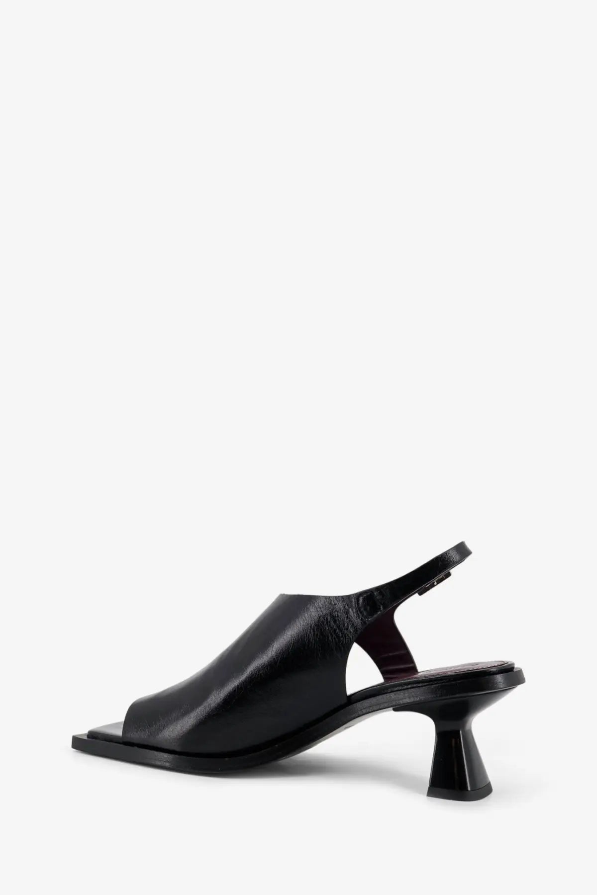 Alohas women’s Mahina leather sandal in black featuring a square toe and chunky block heel slingback design