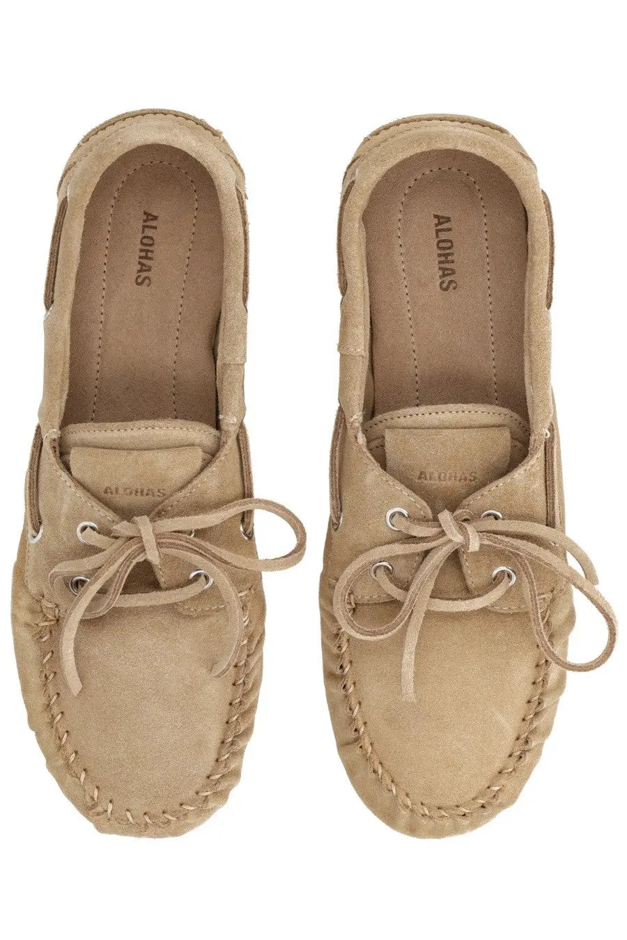Alohas women’s mocassino rowan beige suede boat shoes with matching laces and stitched detailing