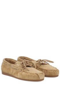 Alohas women’s mocassino rowan beige tan suede moccasin loafers with matching laces and stitched frayed edges