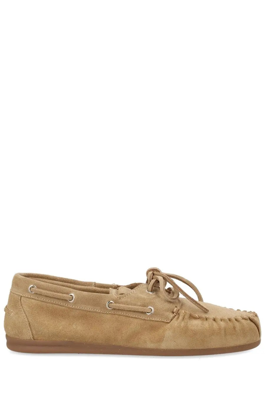 Aloha women’s mocassino rowan beige tan suede moccasin shoe with matching laces and stitched toe seam