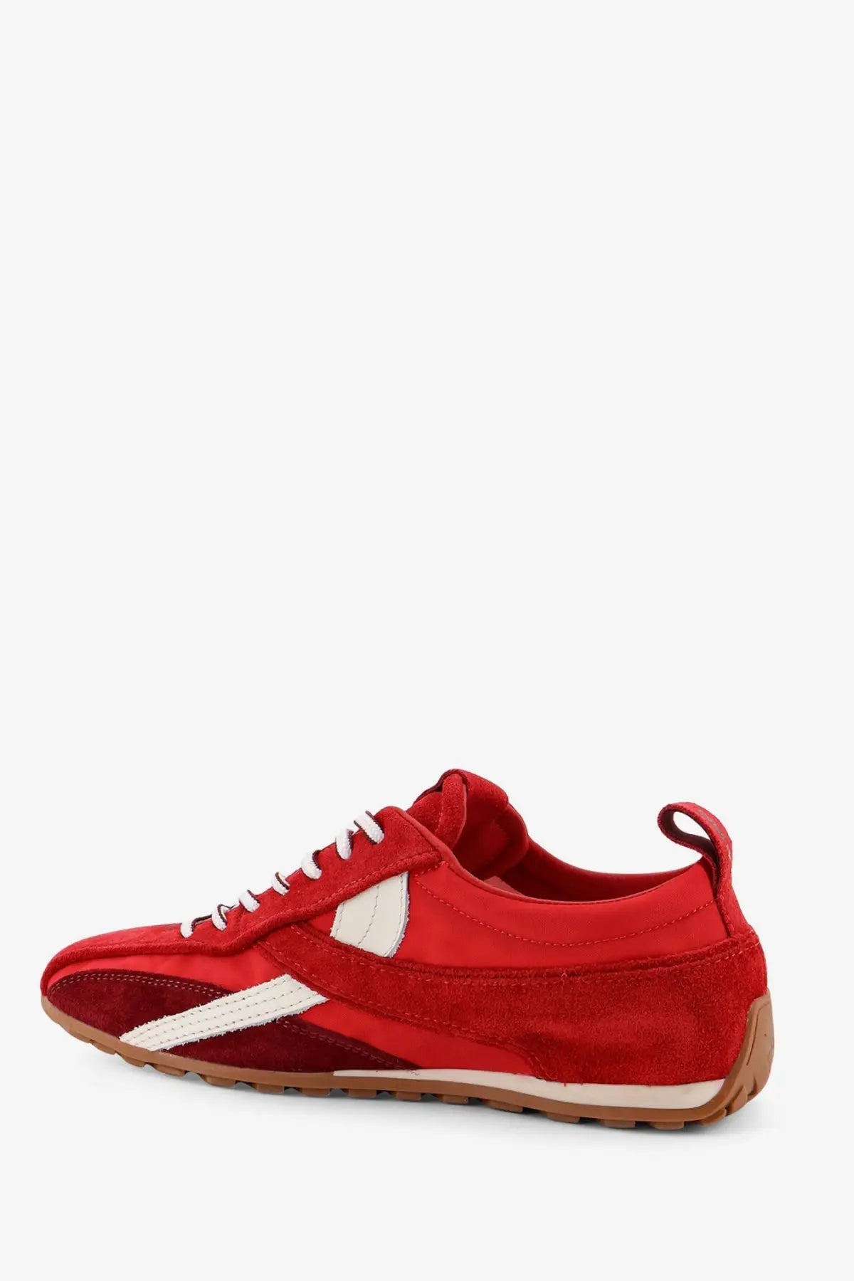 Alohas women’s red nylon and suede sneaker with white laces white side stripe and tan rubber sole
