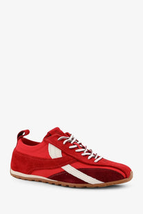 Alohas women’s red nylon and suede sneaker with white stripes and laces for casual wear