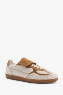 Alohas women’s pony skin low top sneaker in beige with cream-colored suede and textured fabric and tan accents