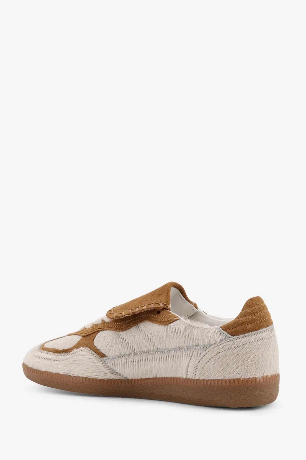 Alohas women’s pony skin low top sneaker in beige with cream suede and textured fabric and tan accents