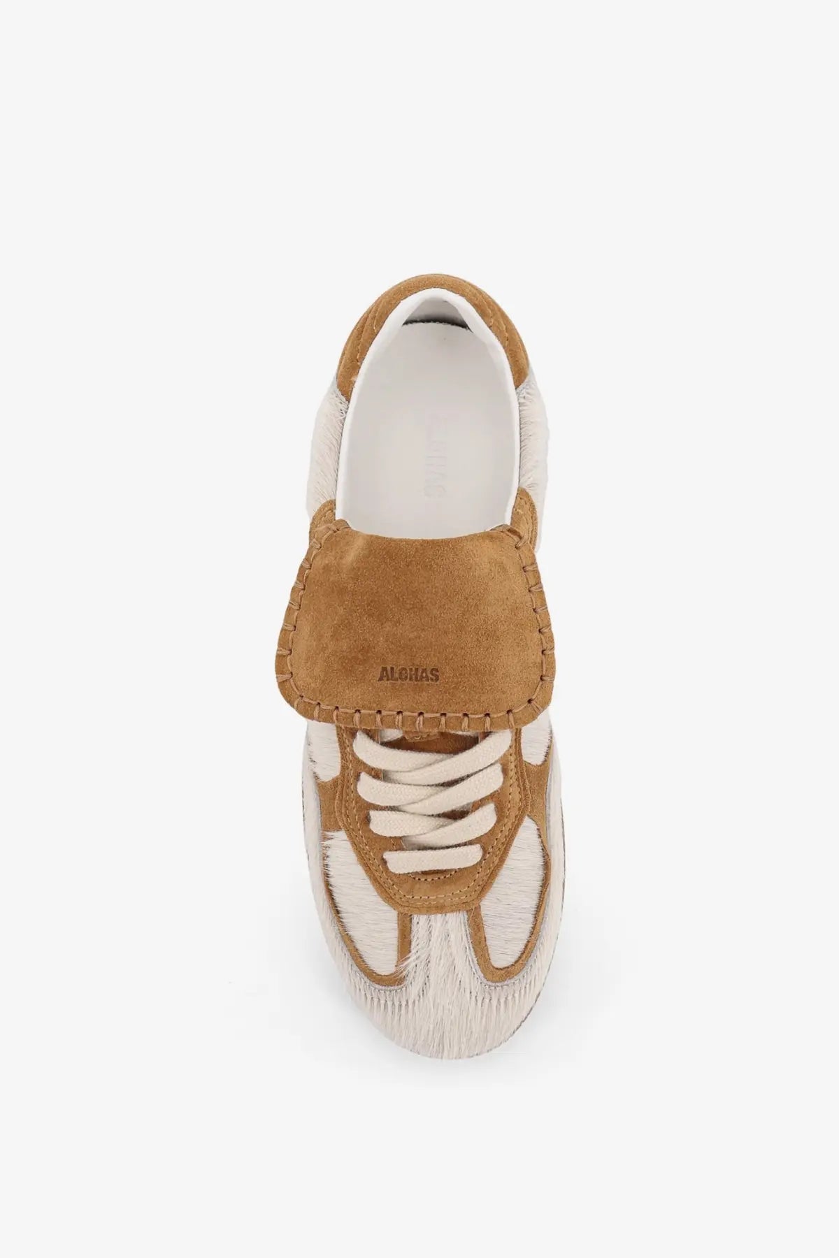 Alohas women’s pony skin low top sneakers in beige with tan suede and white cowhide minimalist design