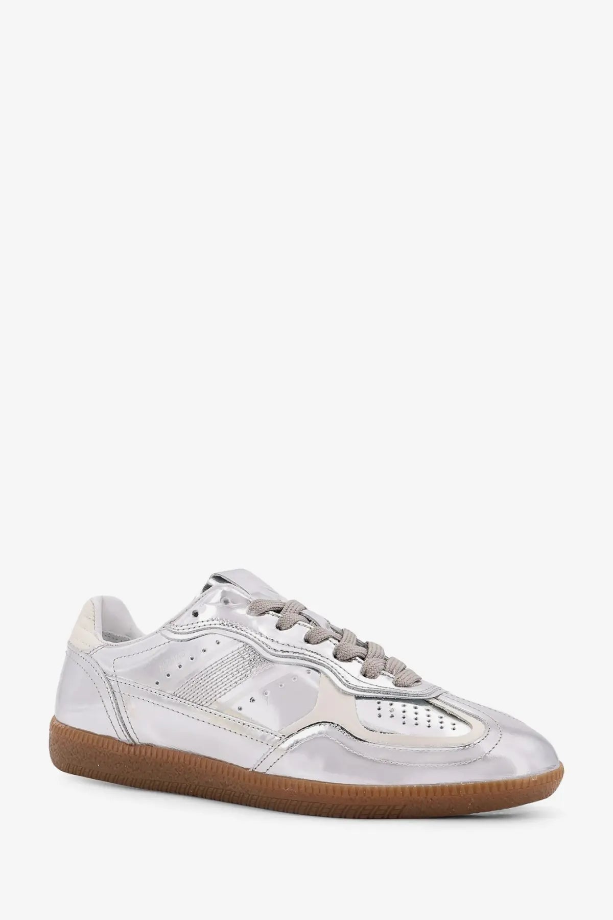 Alohas women’s rife metallized leather sneakers in silver with glossy finish gray laces and tan rubber sole