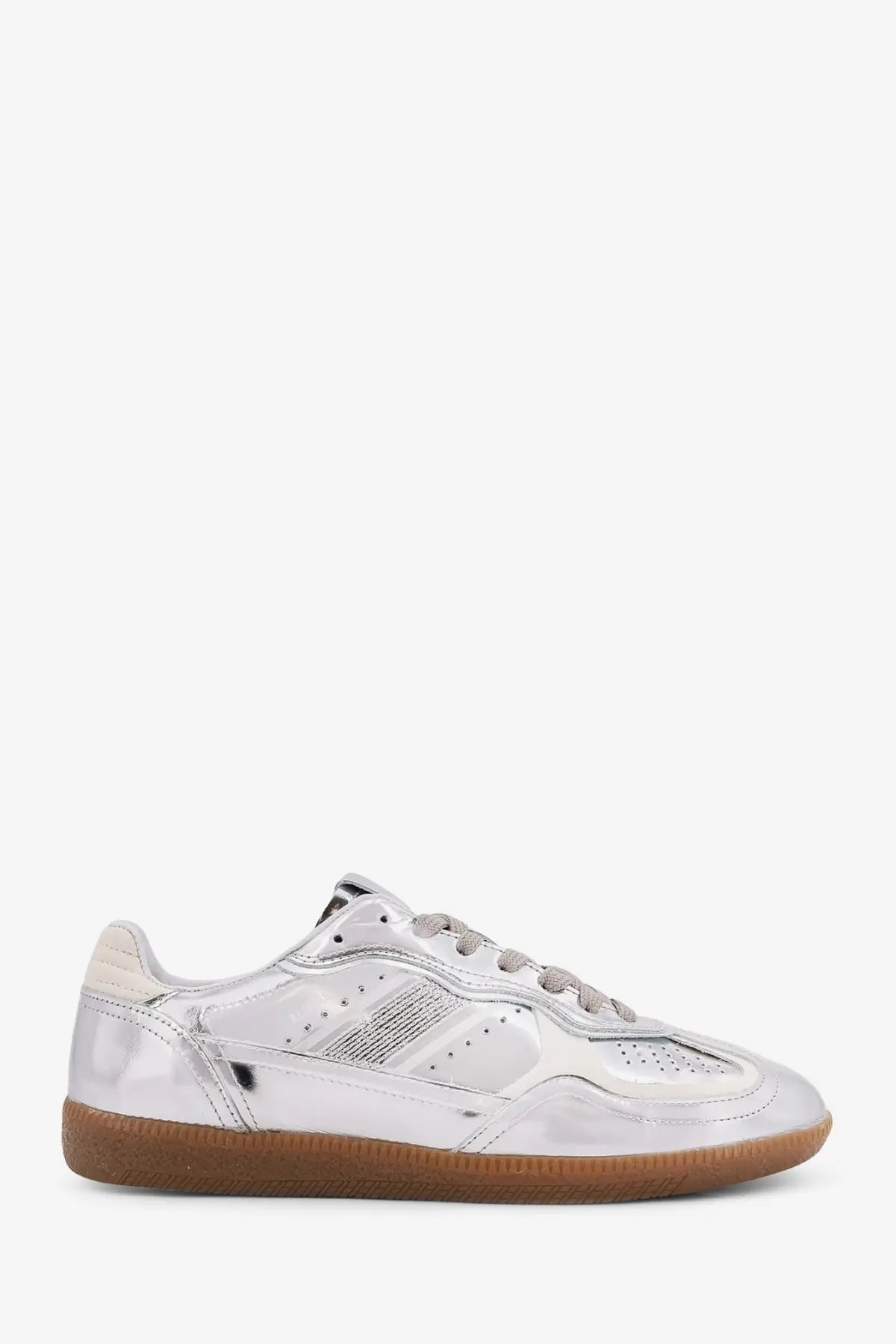 Alohas women’s rife metallized leather sneaker in silver with glossy perforated panels and tan rubber sole