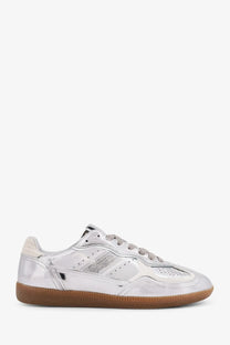 Alohas women’s rife metallized leather sneaker in silver with glossy perforated panels and tan rubber sole