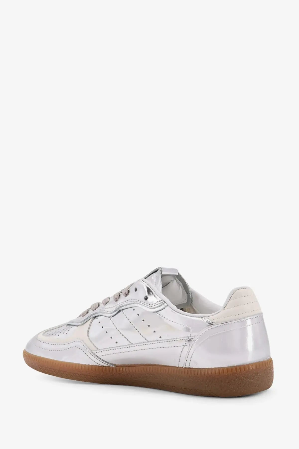 Alohas women’s rife metallized leather sneakers in silver with perforated detailing and gum rubber sole