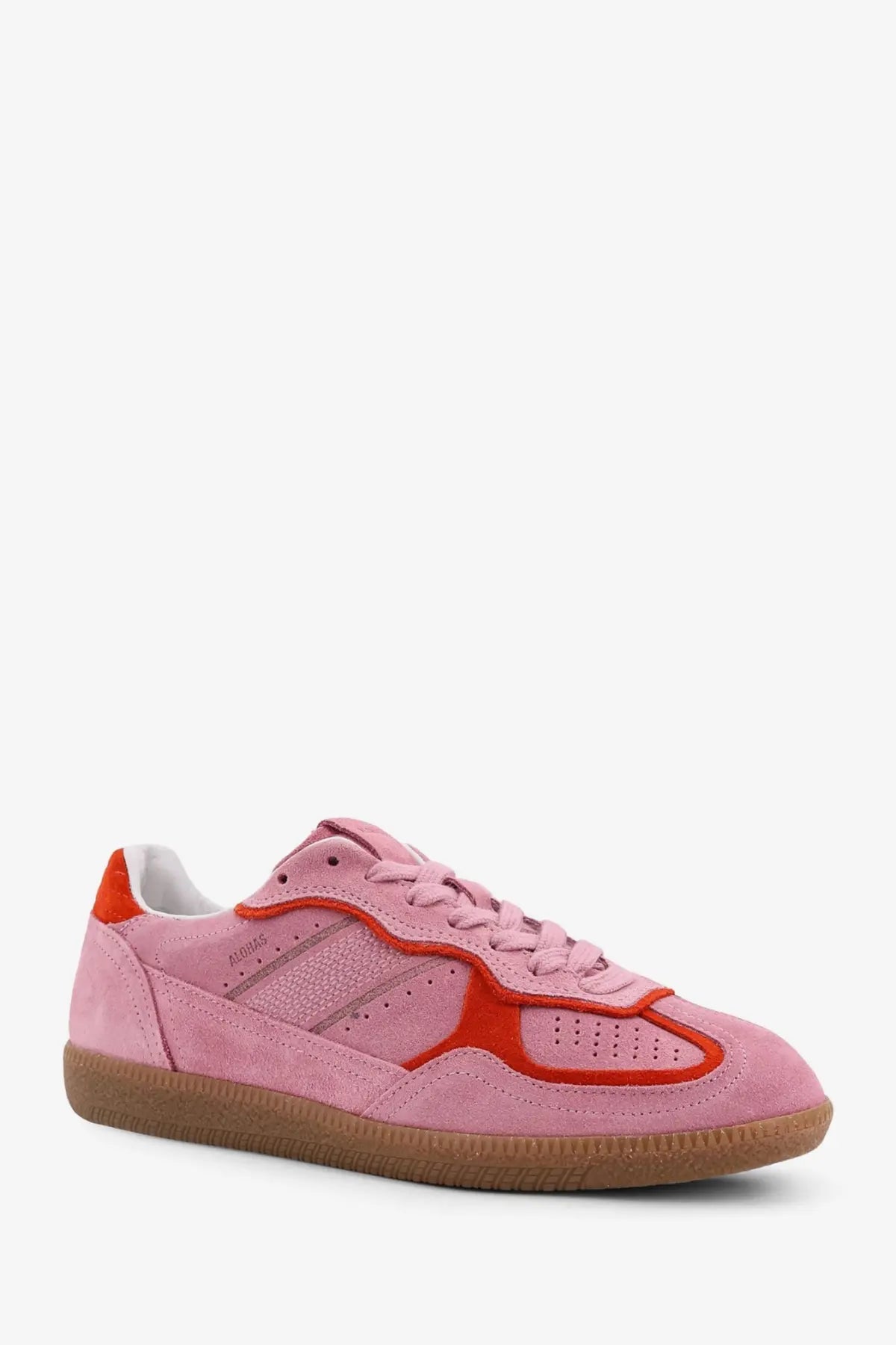 Alohas women’s rife suede sneakers in pink with orange accents and a tan rubber sole
