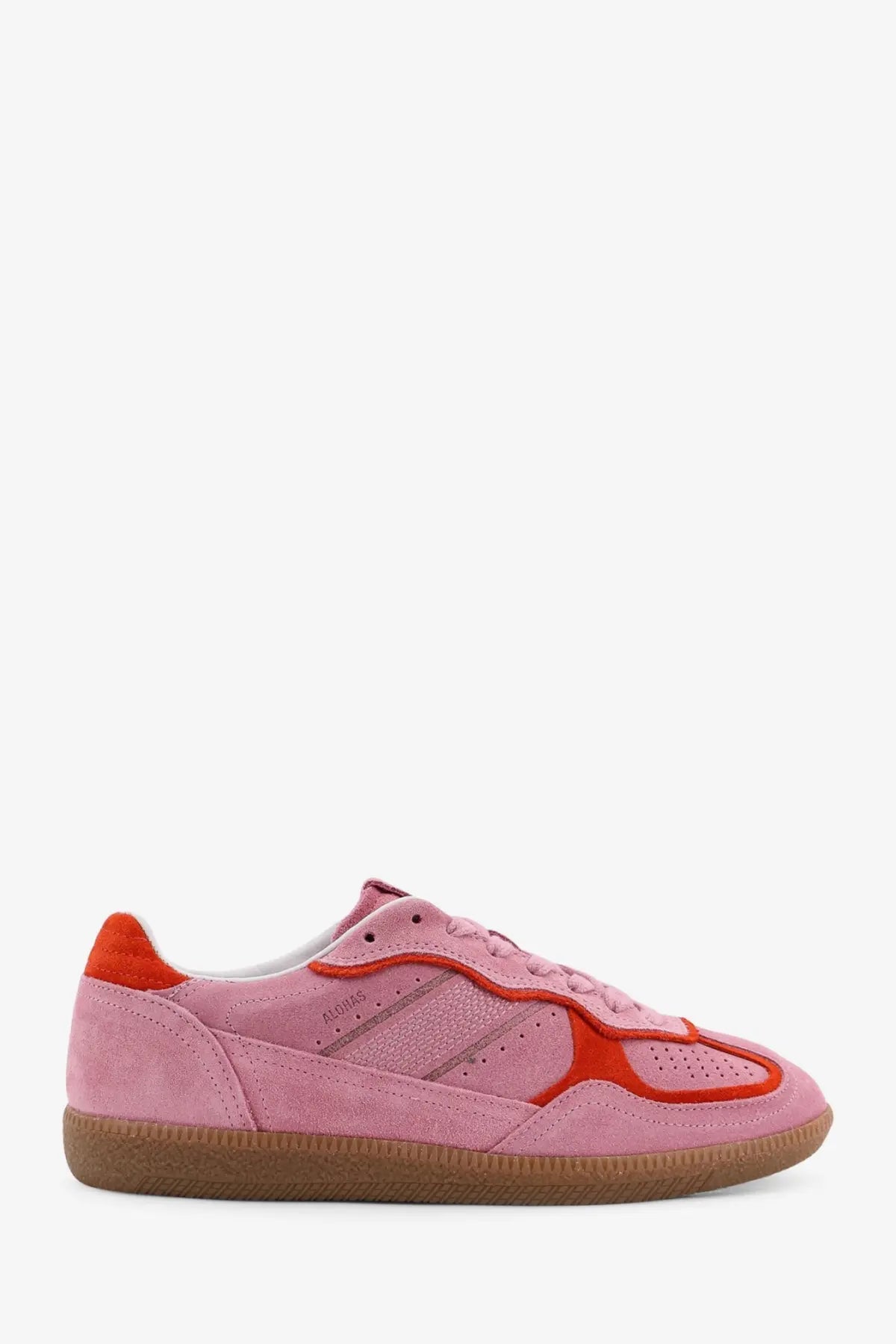 Alohas women’s rife suede sneakers in pink with orange accents and a gum-colored rubber sole