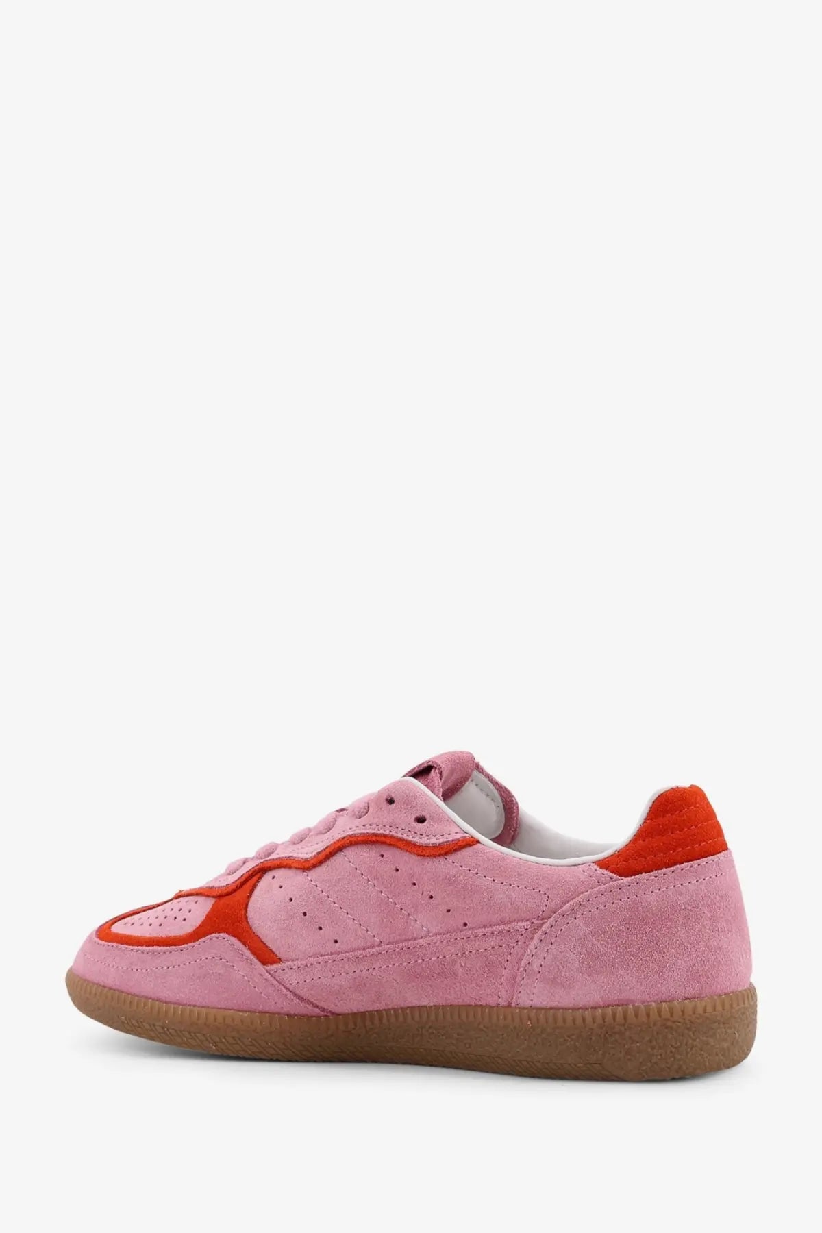 Alohas women’s rife suede sneakers in pink with orange accents and a gum-colored rubber sole