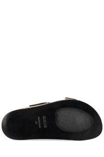 Black rubber sole with textured grip and moros label on alohas women’s sandalo alba beige sandal back side