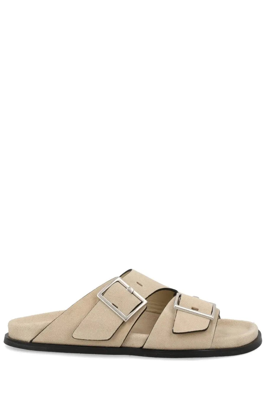 Beige suede slide sandal with two silver toned buckle straps from alohas womens sandalo alba beige collection