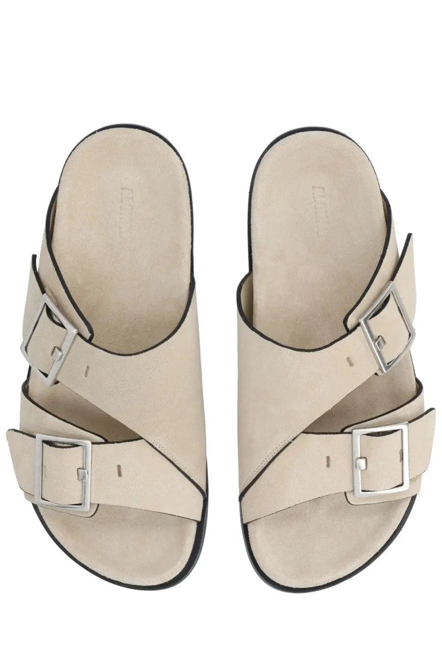Alohas women’s sandalo alba beige suede slide sandals with silver buckle straps and black trim