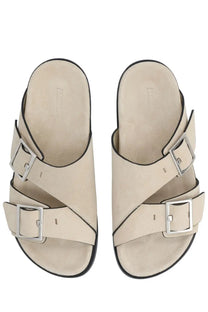 Alohas women’s sandalo alba beige suede slide sandals with silver buckle straps and black trim