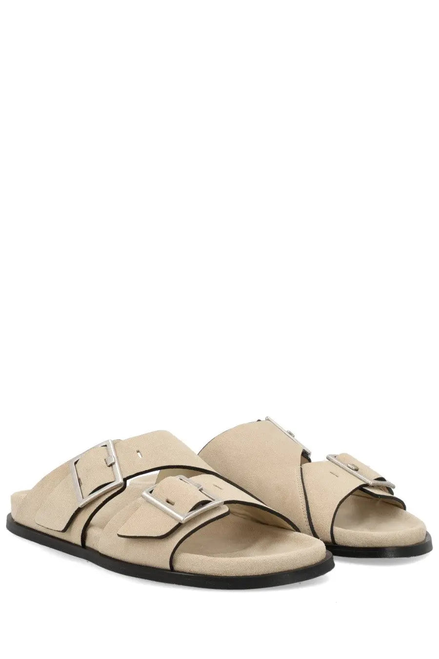 Alohas women’s sandalo alba beige slide sandals in beige suede with two silver buckle straps and a black rubber sole