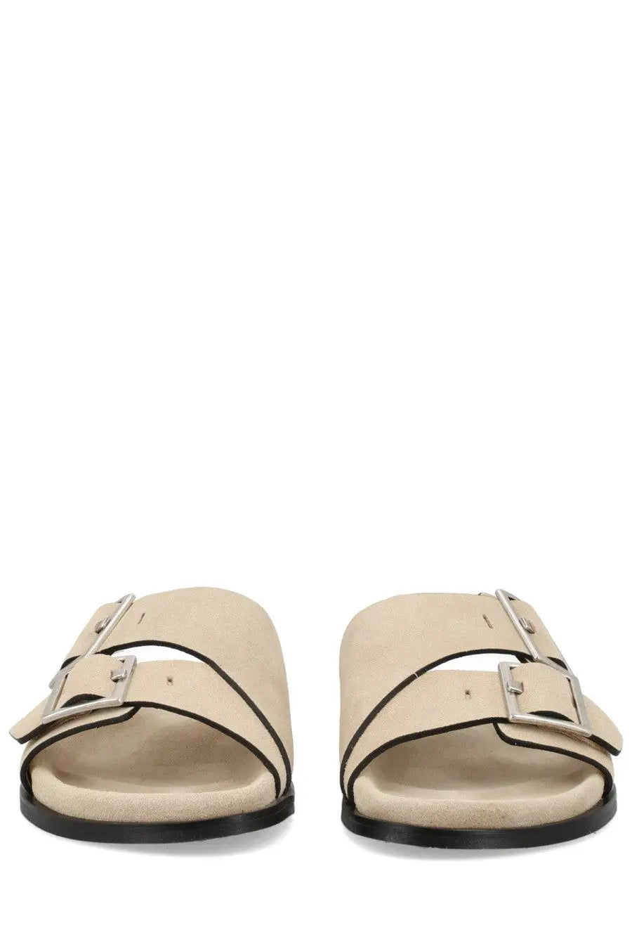 Alohas women’s Sandalo Alba beige suede slide sandals with two silver buckle straps and black rubber soles