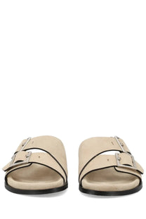 Alohas women’s Sandalo Alba beige suede slide sandals with two silver buckle straps and black rubber soles