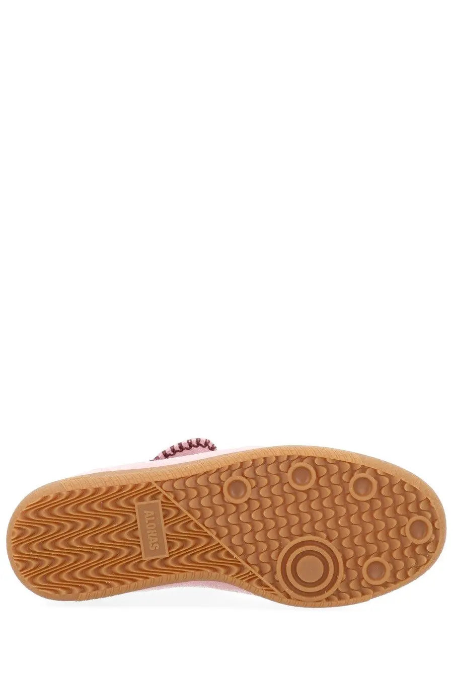 Alohas women’s pink suede slip-on sneaker with tan rubber sole featuring wavy tread and circular grip dots