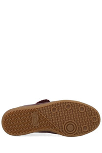Alohas women’s sneaker tb490 club red maroon suede slip-on shoe with tan rubber sole and wavy tread pattern