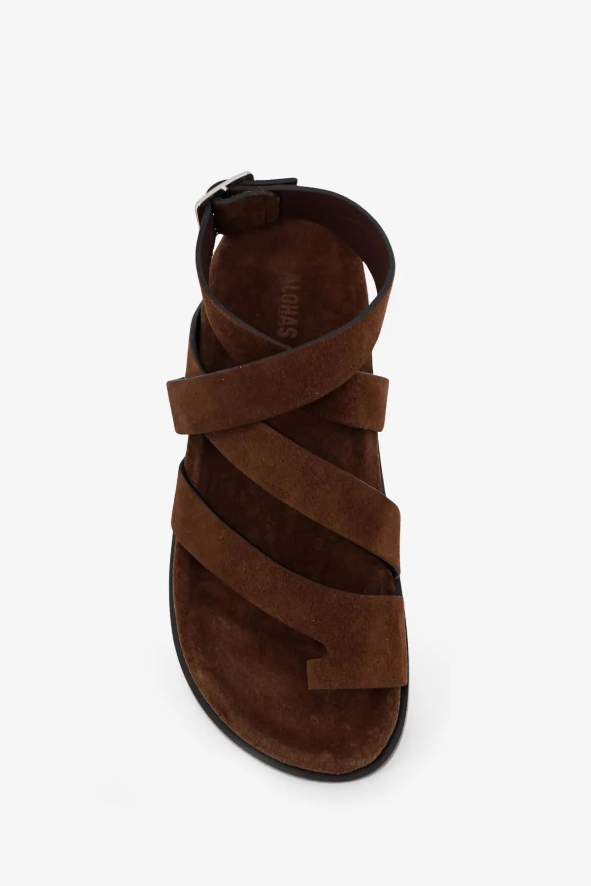 Alohas women’s brown suede strappy sandal with black rubber sole and adjustable ankle strap visible from the back