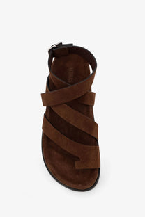 Alohas women’s brown suede strappy sandal with black rubber sole and adjustable ankle strap visible from the back