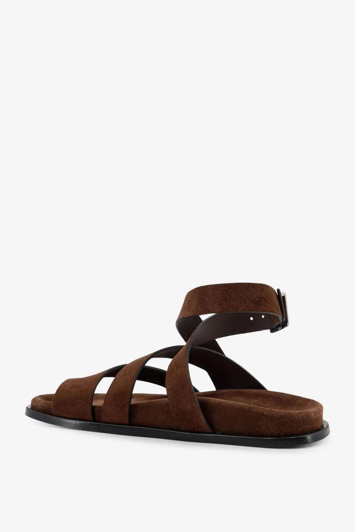Alohas women’s suede sandals in brown with strappy design, black rubber sole, and adjustable ankle strap