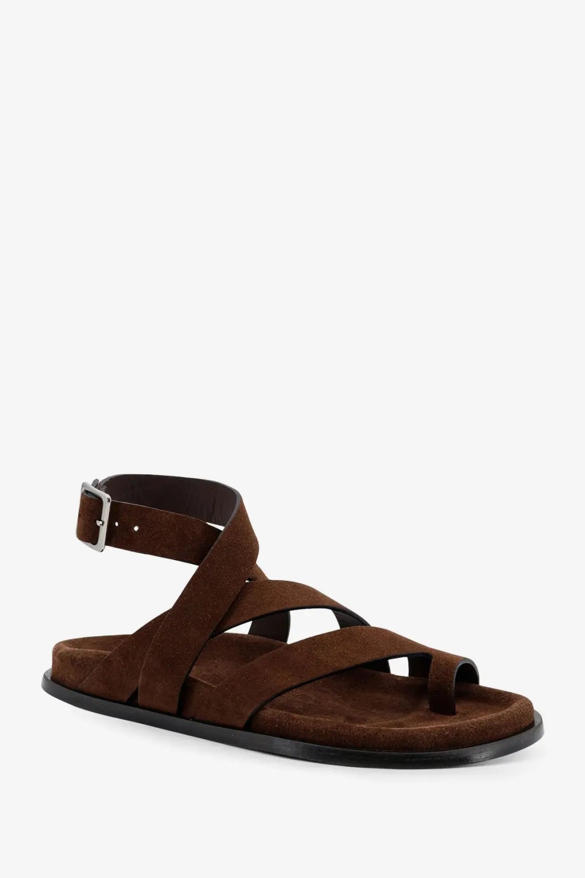 Alohas women’s brown suede strappy sandal with silver buckle and black rubber sole for stylish comfort