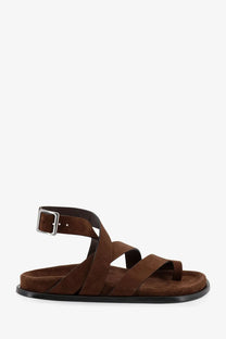 Alohas women’s brown suede strappy sandal with silver buckle and black rubber sole for casual wear