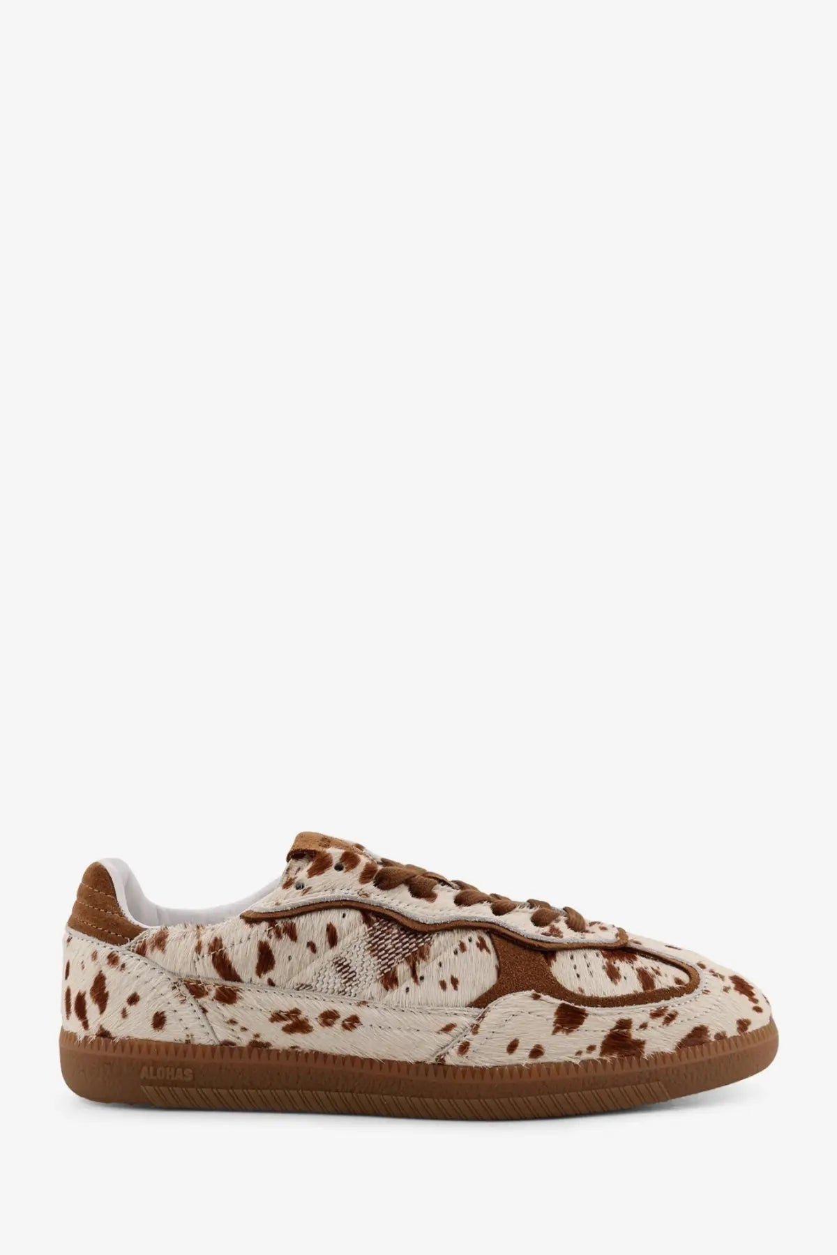 Alohas women’s tb ponyskin sneakers in beige with brown and white cow print suede and tan rubber sole