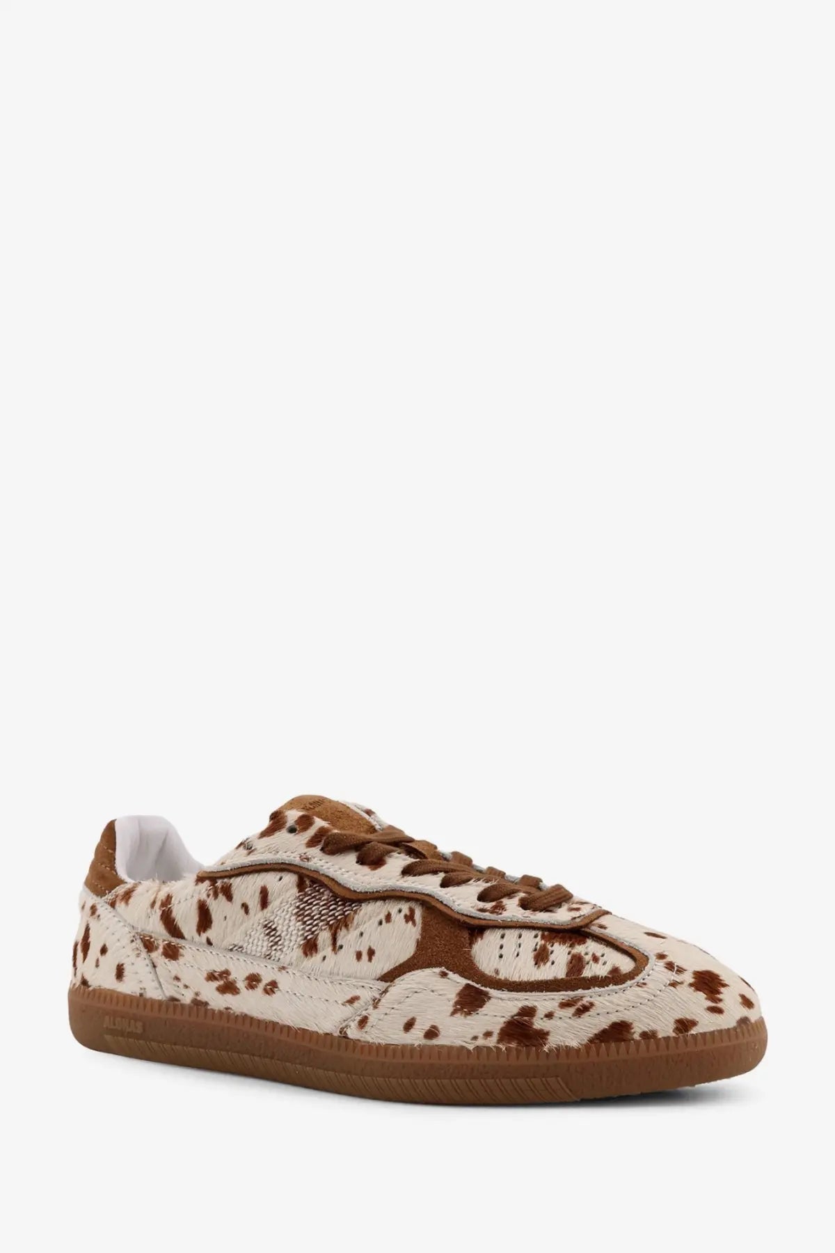 Alohas women’s tb ponyskin sneakers beige low-top sneaker with brown and white cowhide pattern and suede accents