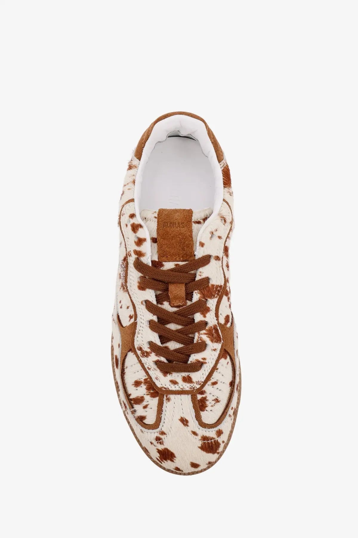 Alohas women’s tb ponyskin sneakers in beige with white and brown cowhide pattern and suede accents
