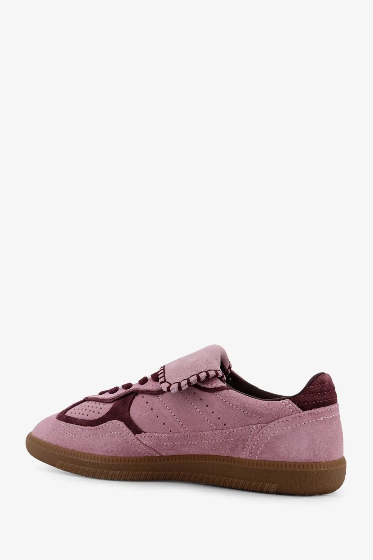 Alohas women’s TB suede sneaker in mauve with maroon accents and a brown rubber sole for casual wear