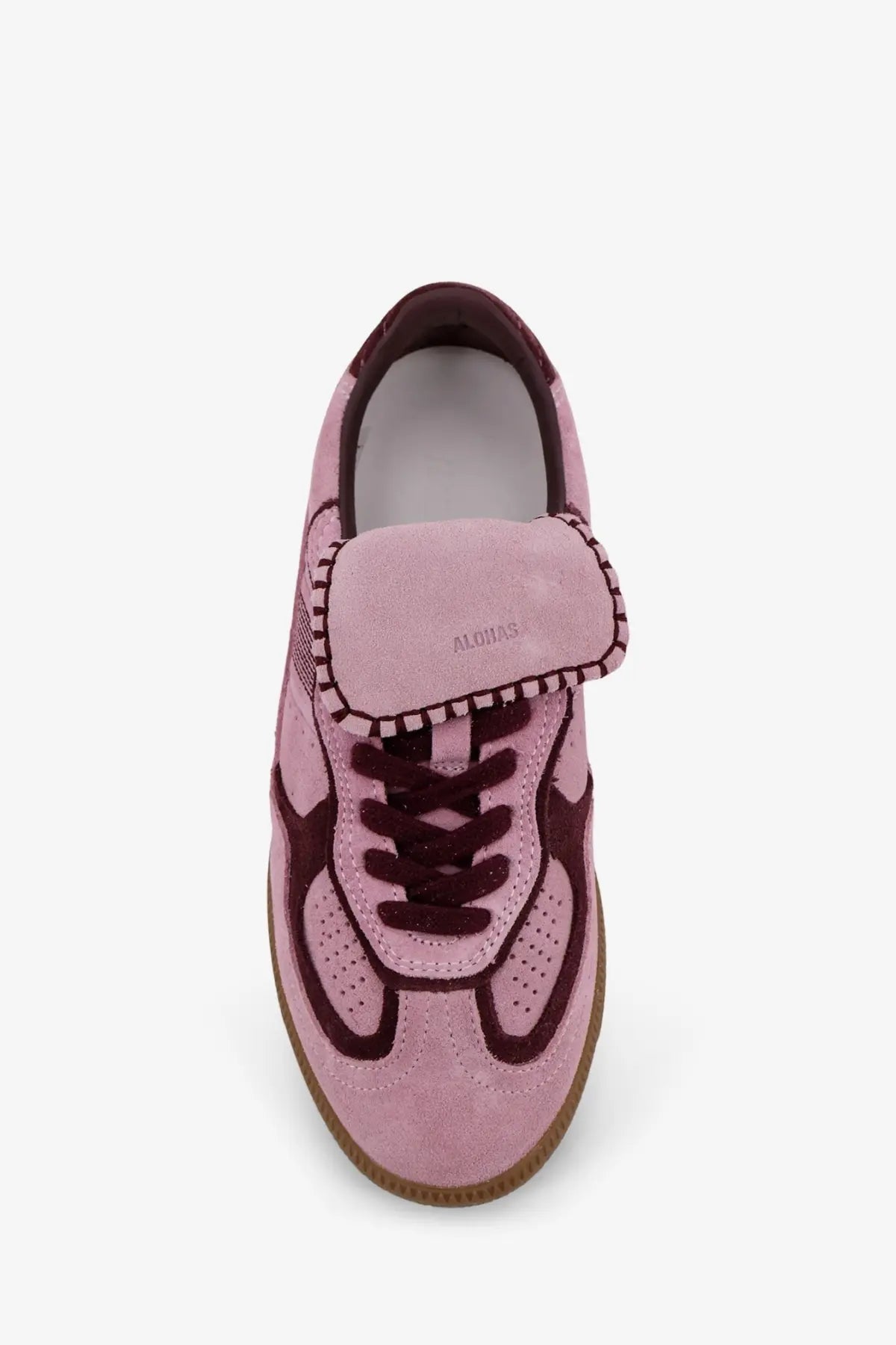 Alohas women’s tb suede sneaker in soft pink with dark burgundy accents and a velcro strap across the toe