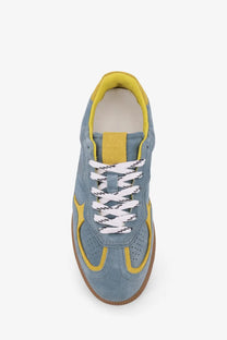 Alohas women’s tb suede sneakers grey in blue suede with yellow accents and white laces shown from the front