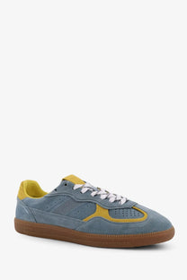 Alohas women’s tb suede sneakers in grey featuring blue suede with yellow accents and white laces