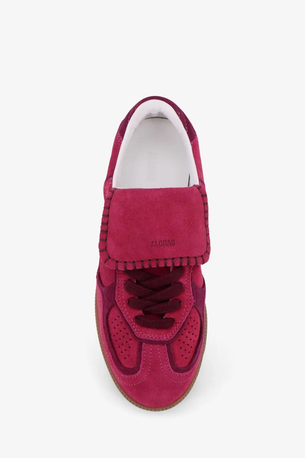 Alohas women’s tb suede sneaker in vibrant fuchsia with velcro strap perforated toe box and dark laces