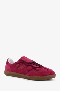 Alohas women’s tb suede sneakers red in vibrant magenta with textured mesh panel frayed lace detail and tan rubber sole