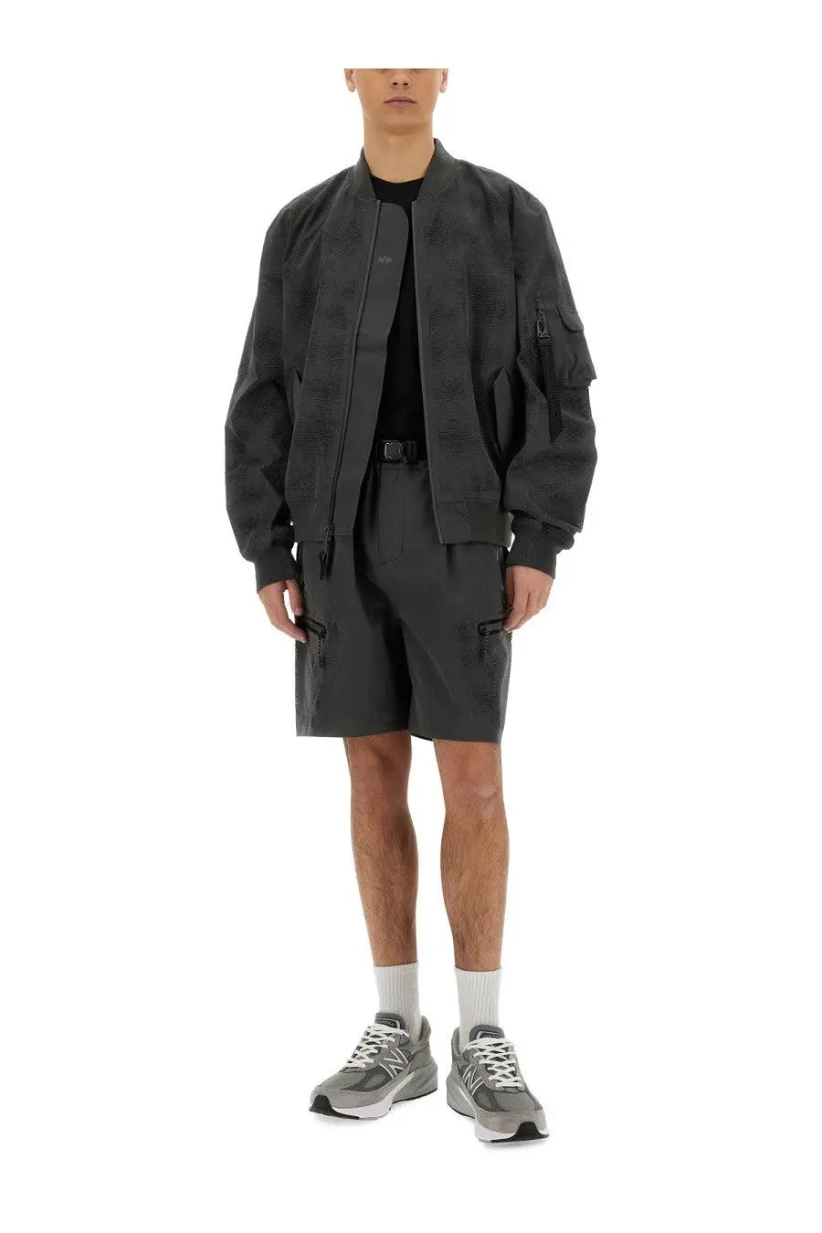 Alpha industries men’s laser cut jacket grey dark gray bomber jacket with textured pattern and multiple utility pockets