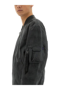 Alpha Industries men’s laser cut jacket grey dark gray bomber jacket with subtle textured pattern and black zipper details