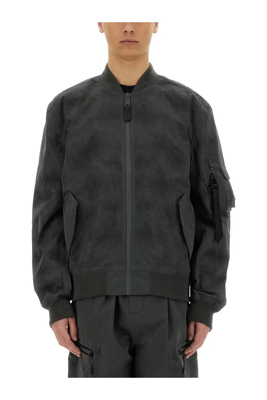Alpha industries men’s laser cut dark gray bomber jacket with subtle textured pattern and black zipper accents