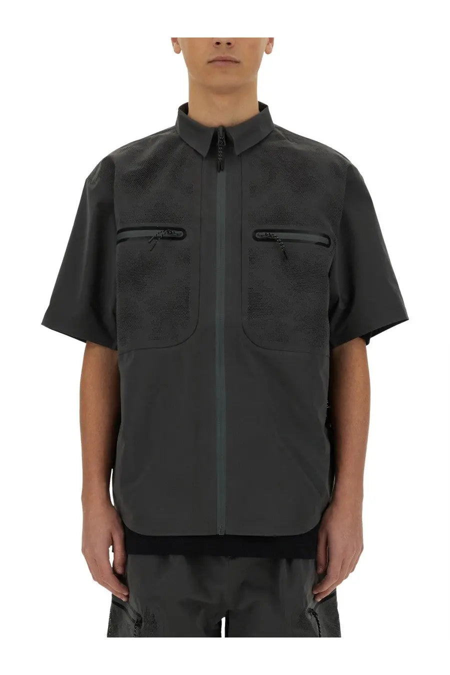 Alpha Industries men’s grey short sleeve utility shirt with textured front and zippered chest pockets