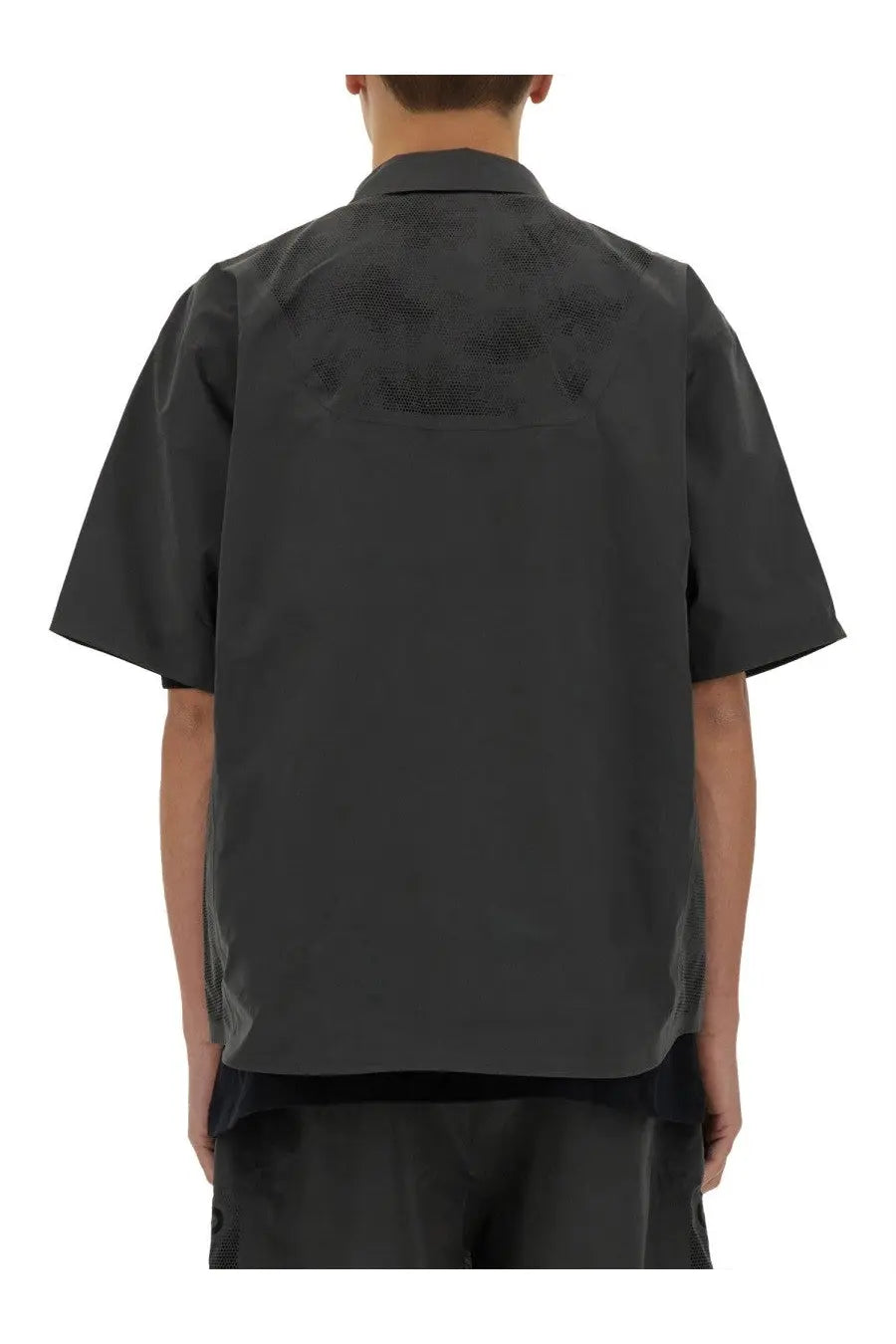 Alpha Industries men’s laser cut grey short sleeve shirt showing back with dark gray subtle textured pattern