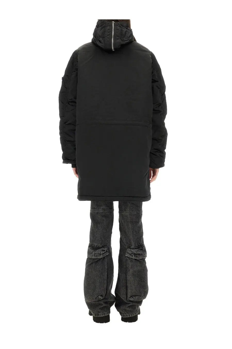 Alpha Industries unisex long bomber jacket black with a hooded black puffer coat and front zipper design